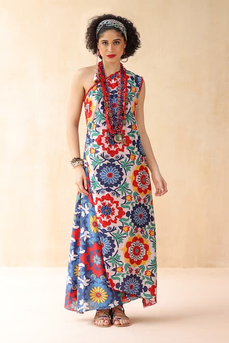 Payal Jain Multi Color Cotton Silk Printed Floral Asymmetric Tabassum One Shoulder Dress