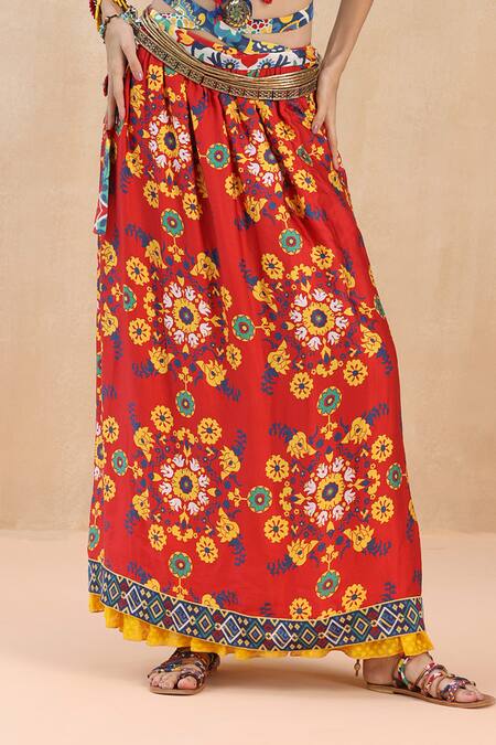 Payal Jain_Red Linen Slub Print Boho Fleur Wajiha Skirt_Online_at_Aza_Fashions