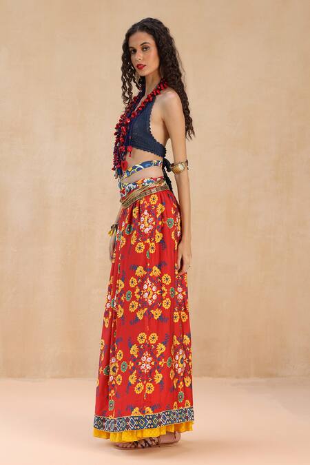 Buy_Payal Jain_Red Linen Slub Print Boho Fleur Wajiha Skirt_Online_at_Aza_Fashions