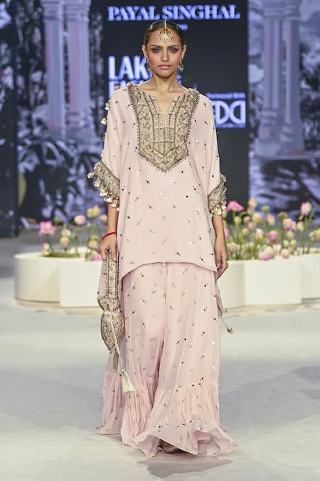 Shop Payal Singhal Pink Muslin, Shahnaaz Zari Embroidered Mukaish Asymmetric Tunic With Sharara at Aza Fashions Shop_Payal Singhal_Pink Muslin, Shahnaaz Zari Embroidered Mukaish Asymmetric Tunic With Sharara _at_Aza_Fashions