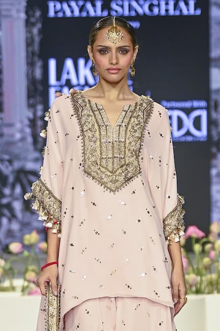 Payal Singhal Pink Muslin, Shahnaaz Zari Embroidered Mukaish Asymmetric Tunic With Sharara Online at Aza Fashions Payal Singhal_Pink Muslin, Shahnaaz Zari Embroidered Mukaish Asymmetric Tunic With Sharara _Online_at_Aza_Fashions