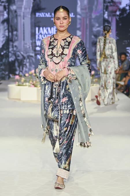 Shop Payal Singhal Black Velvet, Muslin Applique, Batool Forest Whisper Print Kurta Salwar Set at Aza Fashions Shop_Payal Singhal_Black Velvet, Muslin Applique, Batool Forest Whisper Print Kurta Salwar Set _at_Aza_Fashions