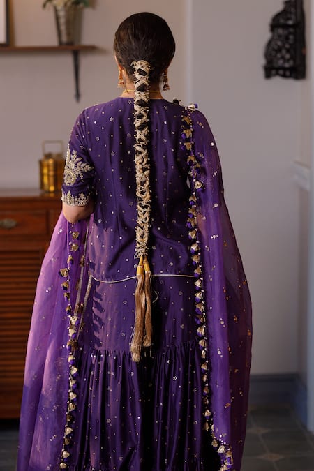 Shop Payal Singhal Purple Muslin, Silk Fatima Embroidered Mukaish Kurta Tiered Sharara Set at Aza Fashions Shop_Payal Singhal_Purple Muslin, Silk Fatima Embroidered Mukaish Kurta Tiered Sharara Set _at_Aza_Fashions