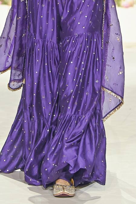Payal Singhal Purple Muslin, Silk Fatima Embroidered Mukaish Kurta Tiered Sharara Set Online at Aza Fashions Payal Singhal_Purple Muslin, Silk Fatima Embroidered Mukaish Kurta Tiered Sharara Set _Online_at_Aza_Fashions