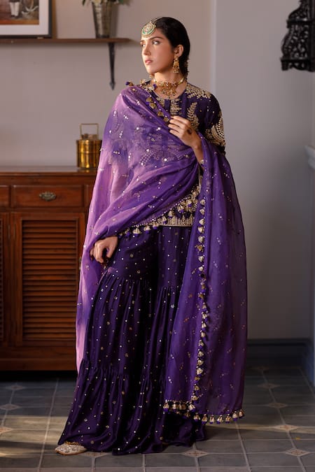 Buy Payal Singhal Purple Muslin, Silk Fatima Embroidered Mukaish Kurta Tiered Sharara Set Online at Aza Fashions Buy_Payal Singhal_Purple Muslin, Silk Fatima Embroidered Mukaish Kurta Tiered Sharara Set _Online_at_Aza_Fashions