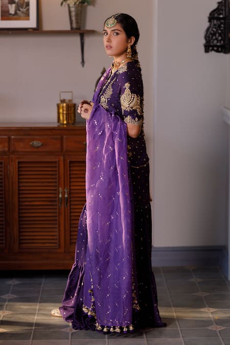 Shop Payal Singhal Purple Muslin, Silk Fatima Embroidered Mukaish Kurta Tiered Sharara Set Online at Aza Fashions Shop_Payal Singhal_Purple Muslin, Silk Fatima Embroidered Mukaish Kurta Tiered Sharara Set _Online_at_Aza_Fashions