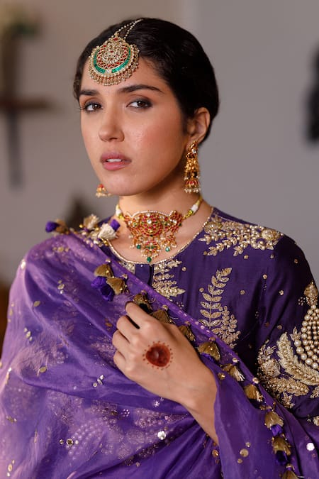 Payal Singhal Purple Muslin, Silk Fatima Embroidered Mukaish Kurta Tiered Sharara Set at Aza Fashions Payal Singhal_Purple Muslin, Silk Fatima Embroidered Mukaish Kurta Tiered Sharara Set _at_Aza_Fashions