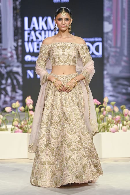 Payal Singhal Pink Dupion Silk Embroidered Zari Off Shoulder Aida Foliage Lehenga Set 