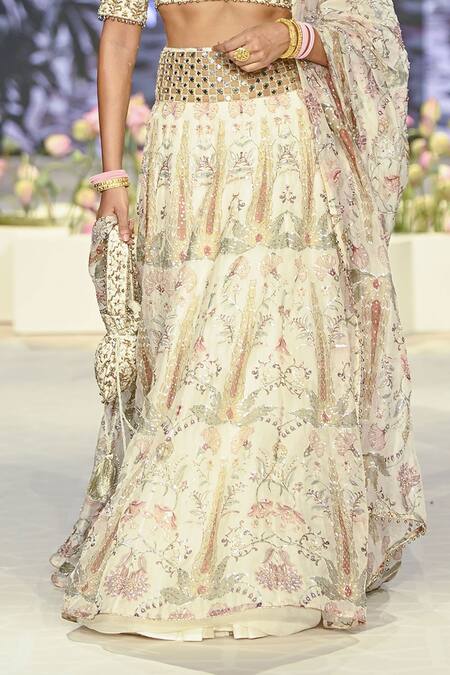 Payal Singhal_Cream Organza Pearls, Sequins Sultana Forest Whisper Print Lehenga Set _Online_at_Aza_Fashions