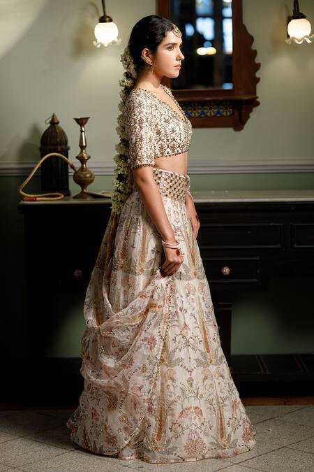 Buy_Payal Singhal_Cream Organza Pearls, Sequins Sultana Forest Whisper Print Lehenga Set _Online_at_Aza_Fashions