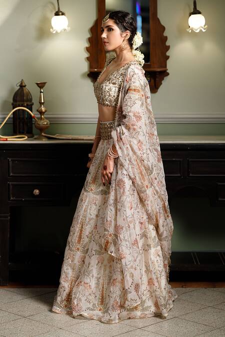 Shop_Payal Singhal_Cream Organza Pearls, Sequins Sultana Forest Whisper Print Lehenga Set _Online_at_Aza_Fashions