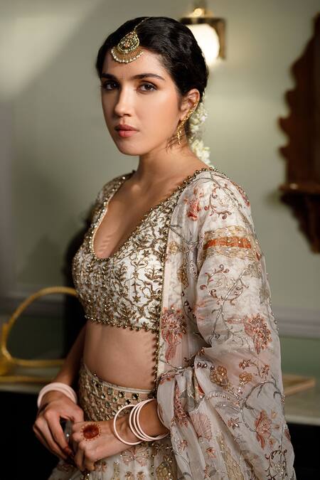 Payal Singhal_Cream Organza Pearls, Sequins Sultana Forest Whisper Print Lehenga Set _at_Aza_Fashions