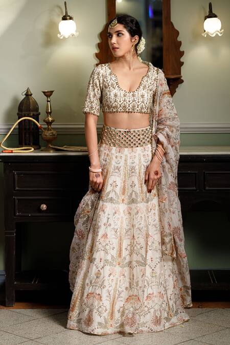 Buy_Payal Singhal_Cream Organza Pearls, Sequins Sultana Forest Whisper Print Lehenga Set 