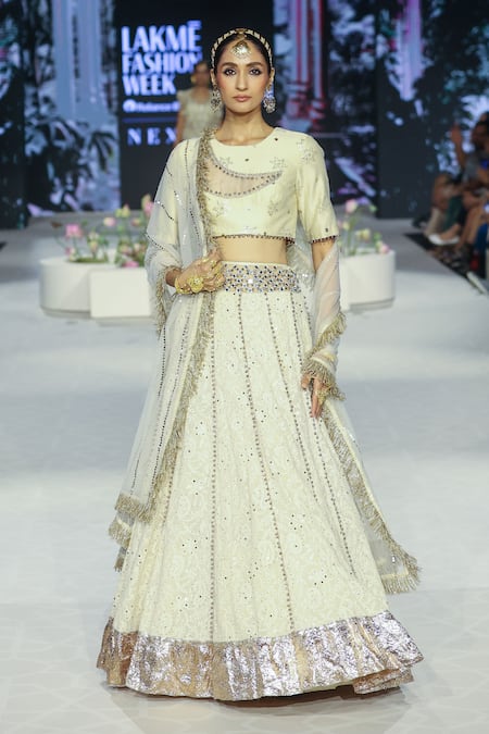 Payal Singhal Beige Net Embroidered Round Khadija Chikankari Lehenga Set 