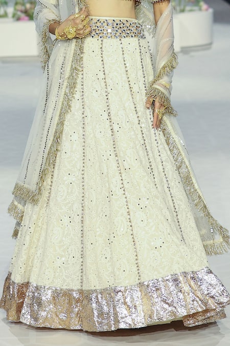 Payal Singhal_Beige Muslin Mirrors Round Khadija Chikankari Embroidered Mukaish Lehenga Set _Online_at_Aza_Fashions