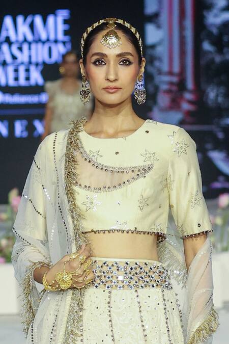 Buy_Payal Singhal_Beige Muslin Mirrors Round Khadija Chikankari Embroidered Mukaish Lehenga Set _Online_at_Aza_Fashions