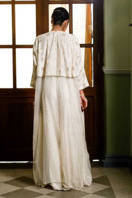 Shop Payal Singhal Ivory Organza, Chanderi Silk Gota Roha Zardozi Embroidered Tunic With Sharara at Aza Fashions Shop_Payal Singhal_Ivory Organza, Chanderi Silk Gota Roha Zardozi Embroidered Tunic With Sharara _at_Aza_Fashions