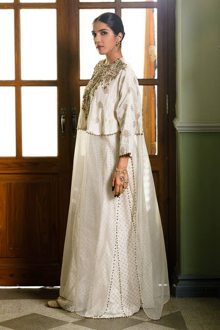 Payal Singhal Ivory Organza, Chanderi Silk Gota Roha Zardozi Embroidered Tunic With Sharara Online at Aza Fashions Payal Singhal_Ivory Organza, Chanderi Silk Gota Roha Zardozi Embroidered Tunic With Sharara _Online_at_Aza_Fashions