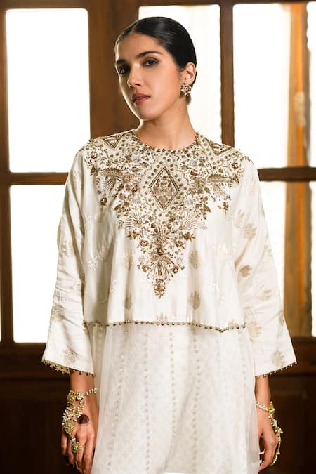 Buy Payal Singhal Ivory Organza, Chanderi Silk Gota Roha Zardozi Embroidered Tunic With Sharara Online at Aza Fashions Buy_Payal Singhal_Ivory Organza, Chanderi Silk Gota Roha Zardozi Embroidered Tunic With Sharara _Online_at_Aza_Fashions