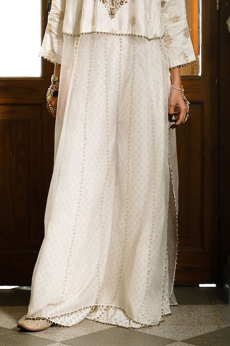Shop Payal Singhal Ivory Organza, Chanderi Silk Gota Roha Zardozi Embroidered Tunic With Sharara Online at Aza Fashions Shop_Payal Singhal_Ivory Organza, Chanderi Silk Gota Roha Zardozi Embroidered Tunic With Sharara _Online_at_Aza_Fashions