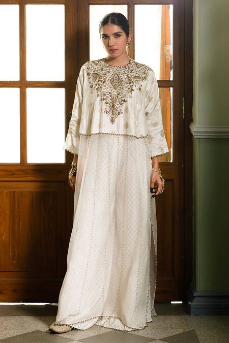 Payal Singhal Ivory Organza, Chanderi Silk Gota Roha Zardozi Embroidered Tunic With Sharara at Aza Fashions Payal Singhal_Ivory Organza, Chanderi Silk Gota Roha Zardozi Embroidered Tunic With Sharara _at_Aza_Fashions