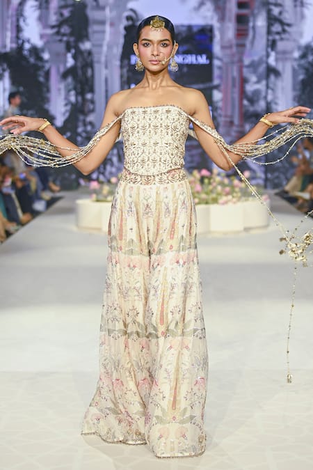 Shop Payal Singhal Off White Organza, Georgette Beads, Gota Patti, Anam Printed Sharara With Corset at Aza Fashions Shop_Payal Singhal_Off White Organza, Georgette Beads, Gota Patti, Anam Printed Sharara With Corset _at_Aza_Fashions