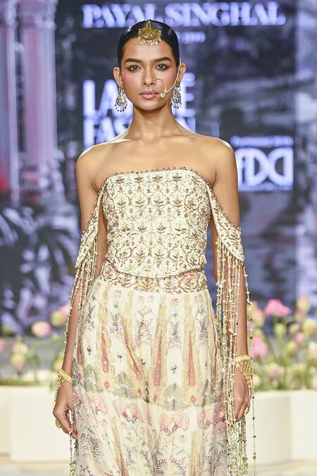 Payal Singhal Off White Organza, Georgette Beads, Gota Patti, Anam Printed Sharara With Corset Online at Aza Fashions Payal Singhal_Off White Organza, Georgette Beads, Gota Patti, Anam Printed Sharara With Corset _Online_at_Aza_Fashions