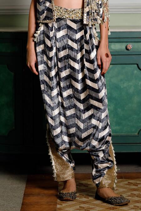 Shop_Payal Singhal_Black Round , Open And White Ladder Print Waistcoat Set _Online_at_Aza_Fashions