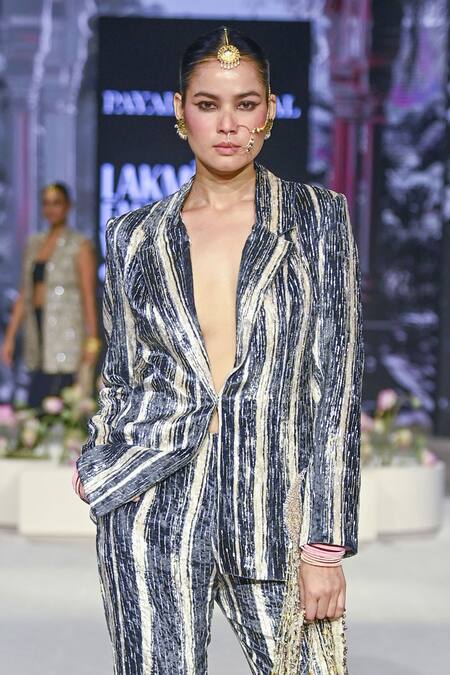 Payal Singhal_Blue Velvet Embroidered Stripe Jabeen Detailed Blazer With Pant _Online_at_Aza_Fashions