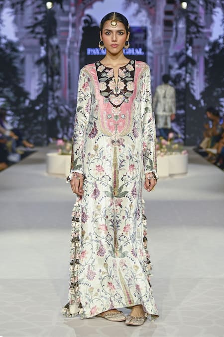 Payal Singhal Off White Velvet Embroidered Forest Wisper Notched Round Mehuish Print Kaftan 