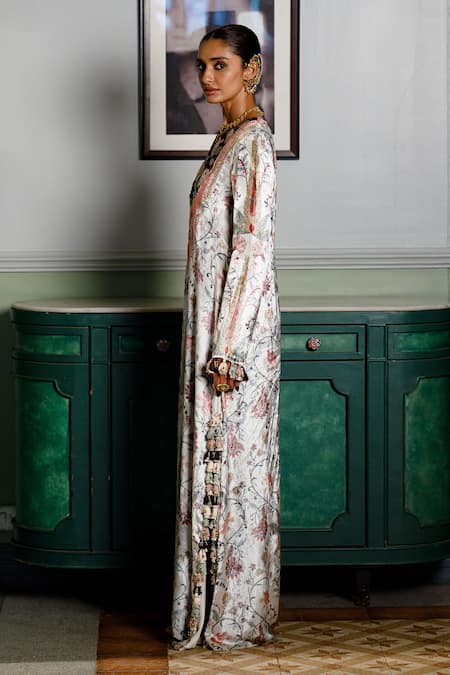 Payal Singhal_Off White Velvet Tassels, Embroidery Round Mehuish Forest Wisper Print Kaftan _Online_at_Aza_Fashions