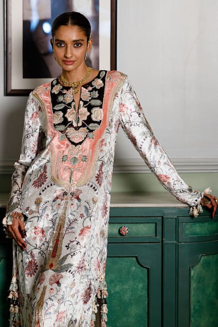 Buy_Payal Singhal_Off White Velvet Tassels, Embroidery Round Mehuish Forest Wisper Print Kaftan _Online_at_Aza_Fashions