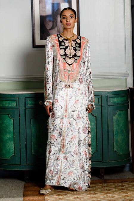 Shop_Payal Singhal_Off White Velvet Tassels, Embroidery Round Mehuish Forest Wisper Print Kaftan _Online_at_Aza_Fashions