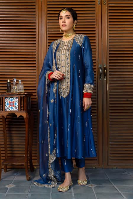 Payal Singhal Blue Organza, Muslin Mirrors Round Neck Ruksaan Embroidered A-line Kurta Set Online at Aza Fashions Payal Singhal_Blue Organza, Muslin Mirrors Round Neck Ruksaan Embroidered A-line Kurta Set _Online_at_Aza_Fashions