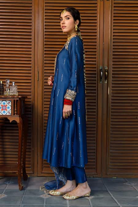 Buy Payal Singhal Blue Organza, Muslin Mirrors Round Neck Ruksaan Embroidered A-line Kurta Set Online at Aza Fashions Buy_Payal Singhal_Blue Organza, Muslin Mirrors Round Neck Ruksaan Embroidered A-line Kurta Set _Online_at_Aza_Fashions