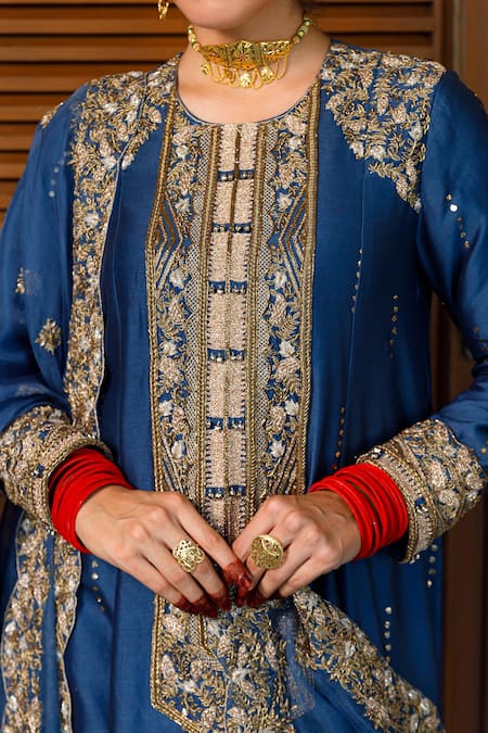 Shop Payal Singhal Blue Organza, Muslin Mirrors Round Neck Ruksaan Embroidered A-line Kurta Set Online at Aza Fashions Shop_Payal Singhal_Blue Organza, Muslin Mirrors Round Neck Ruksaan Embroidered A-line Kurta Set _Online_at_Aza_Fashions