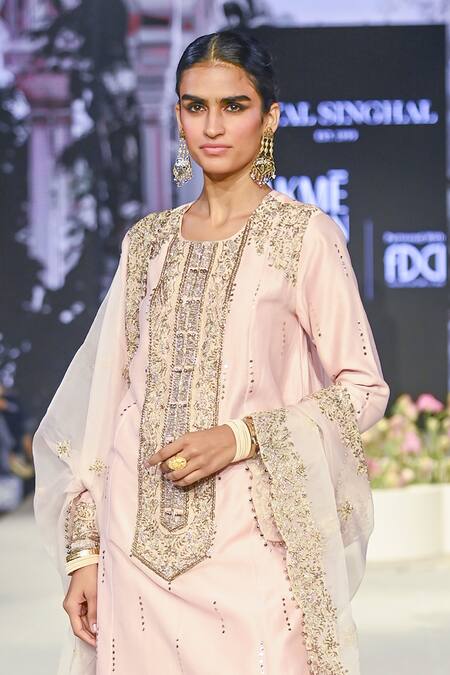 Payal Singhal_Pink Organza, Muslin Mirrors Round Ruksaan Embroidered A-line Kurta Pant Set _Online_at_Aza_Fashions