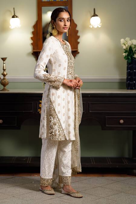 Shop_Payal Singhal_Ivory Silk, Muslin, Embroidery Gauhar Floral Kurta Pant Set _Online_at_Aza_Fashions