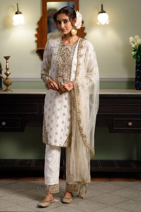 Payal Singhal_Ivory Silk, Muslin, Embroidery Gauhar Floral Kurta Pant Set _at_Aza_Fashions