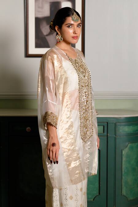 Payal Singhal_Ivory Organza, Muslin, Brocade Mirrors, Embroidery Parhez Tunic With Palazzo _Online_at_Aza_Fashions