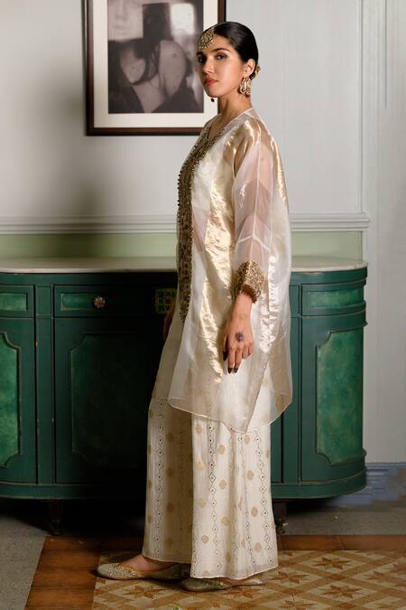 Buy_Payal Singhal_Ivory Organza, Muslin, Brocade Mirrors, Embroidery Parhez Tunic With Palazzo _Online_at_Aza_Fashions