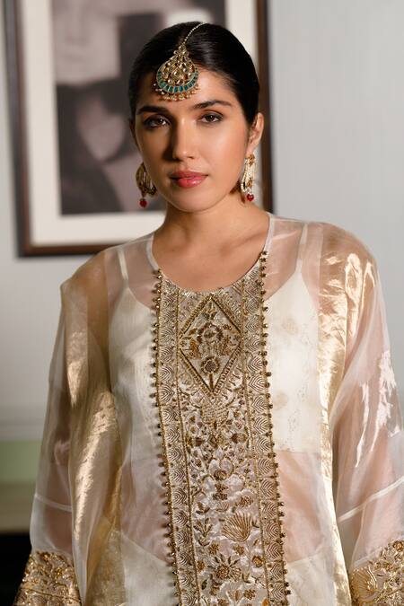 Shop_Payal Singhal_Ivory Organza, Muslin, Brocade Mirrors, Embroidery Parhez Tunic With Palazzo _Online_at_Aza_Fashions