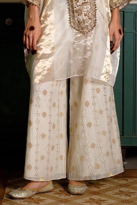 Payal Singhal_Ivory Organza, Muslin, Brocade Mirrors, Embroidery Parhez Tunic With Palazzo _at_Aza_Fashions