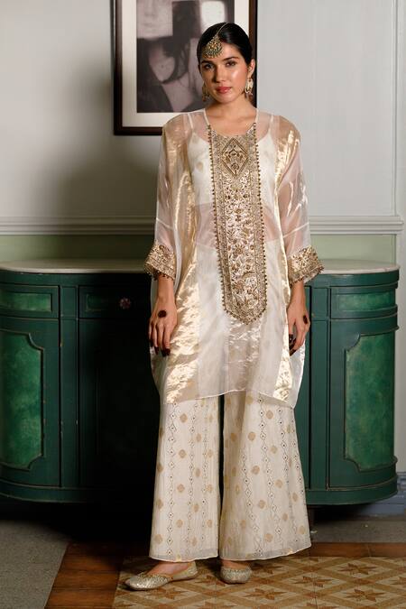 Buy_Payal Singhal_Ivory Organza, Muslin, Brocade Mirrors, Embroidery Parhez Tunic With Palazzo 