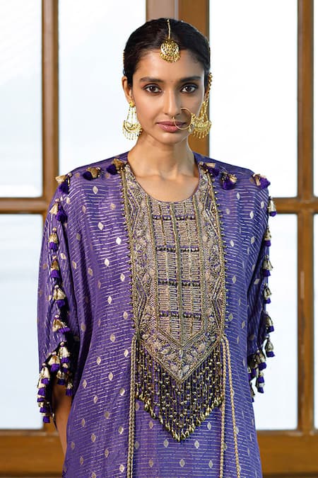 Buy Payal Singhal Purple Dupion Silk Embroidered Tassel Round Razia Kaftan With Salwar Online at Aza Fashions Buy_Payal Singhal_Purple Dupion Silk Embroidered Tassel Round Razia Kaftan With Salwar _Online_at_Aza_Fashions