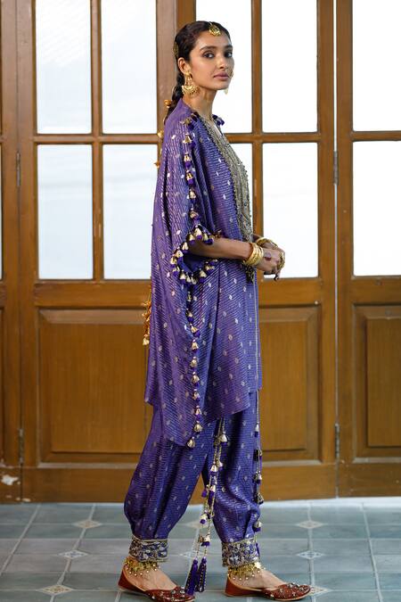 Shop Payal Singhal Purple Dupion Silk Embroidered Tassel Round Razia Kaftan With Salwar Online at Aza Fashions Shop_Payal Singhal_Purple Dupion Silk Embroidered Tassel Round Razia Kaftan With Salwar _Online_at_Aza_Fashions