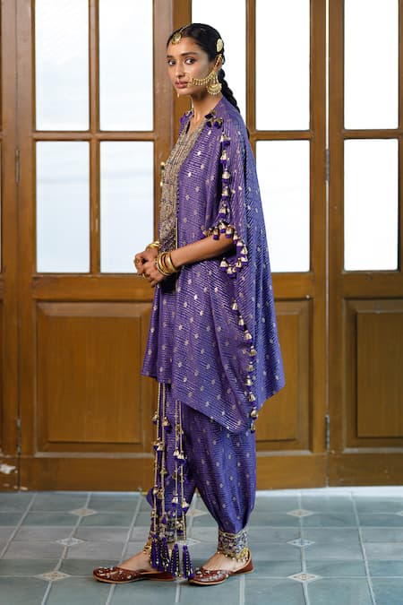 Payal Singhal Purple Dupion Silk Embroidered Tassel Round Razia Kaftan With Salwar at Aza Fashions Payal Singhal_Purple Dupion Silk Embroidered Tassel Round Razia Kaftan With Salwar _at_Aza_Fashions