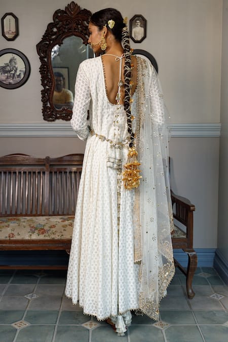 Shop_Payal Singhal_Ivory Muslin, Net, Chiffon Sequins, Nusrat Embroidered High Low Anarkali Set _at_Aza_Fashions