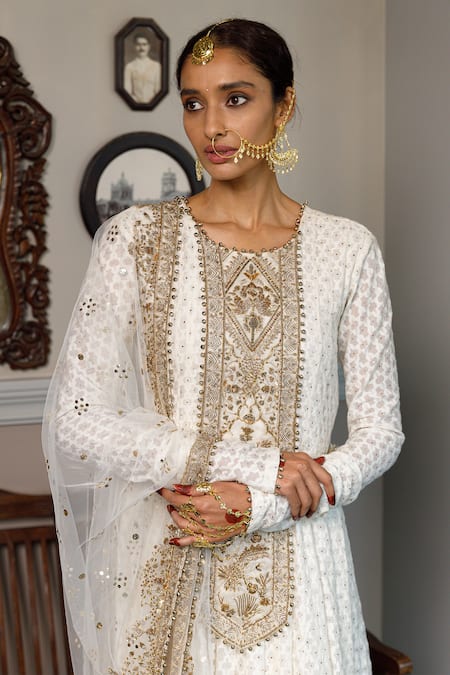Buy_Payal Singhal_Ivory Muslin, Net, Chiffon Sequins, Nusrat Embroidered High Low Anarkali Set _Online_at_Aza_Fashions