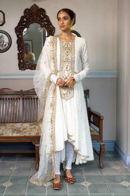 Shop_Payal Singhal_Ivory Muslin, Net, Chiffon Sequins, Nusrat Embroidered High Low Anarkali Set _Online_at_Aza_Fashions